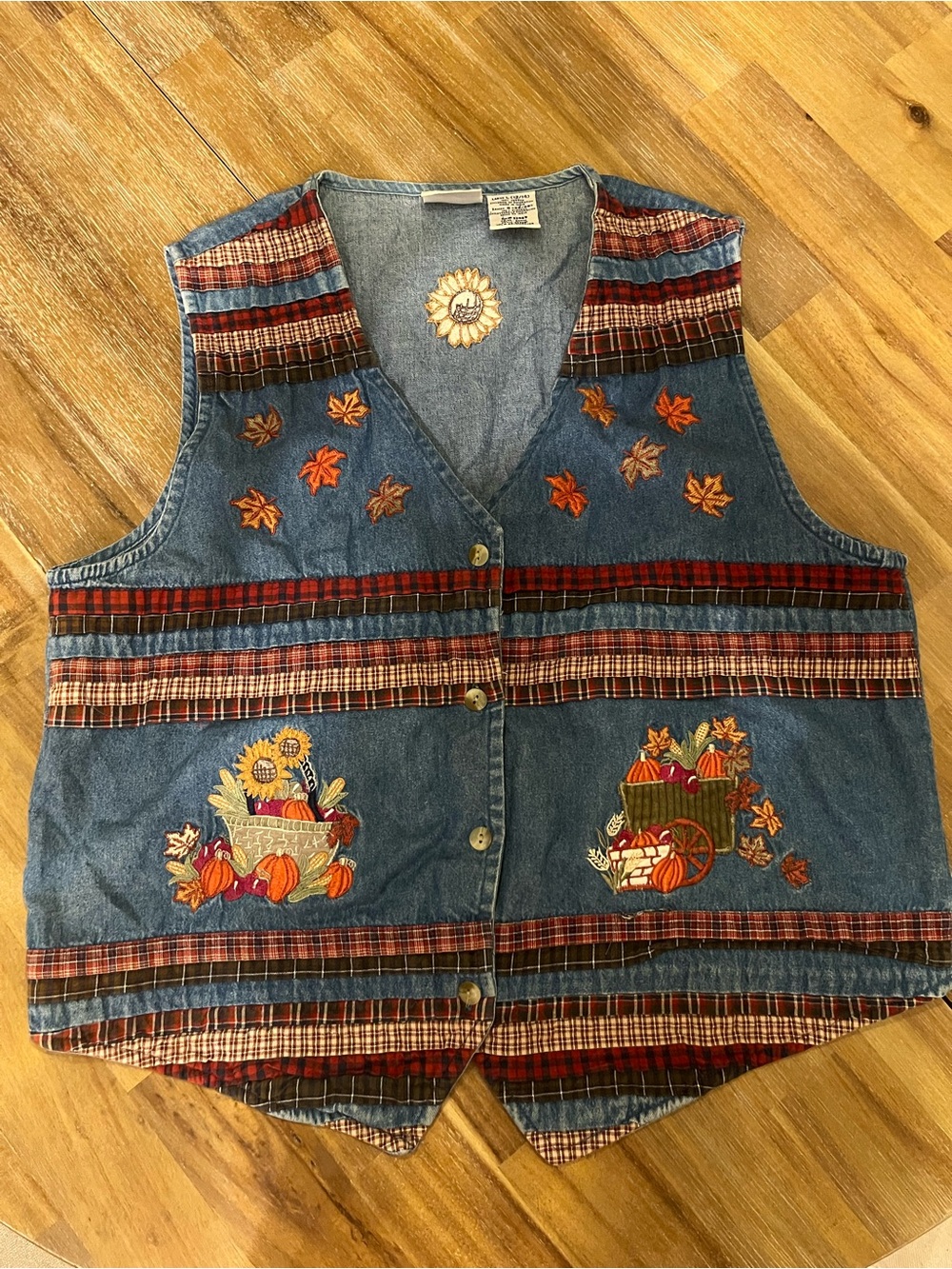 Bobbie Brooks Denim Vest with Red and Brown Fall Embroidery